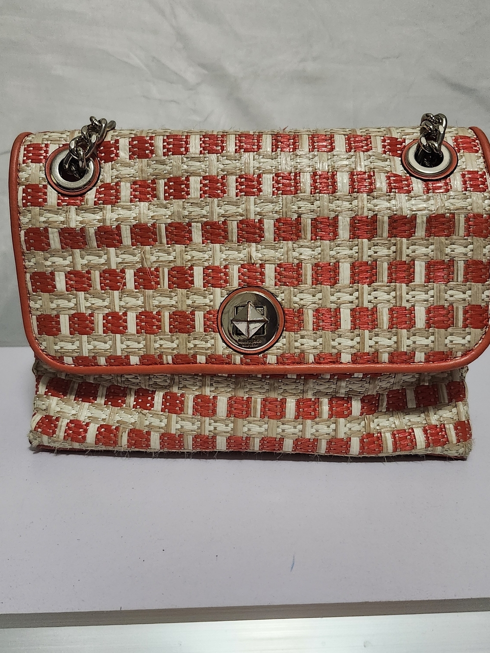 kate spade Woven Crossbody in Coral and Cream with Chain Strap